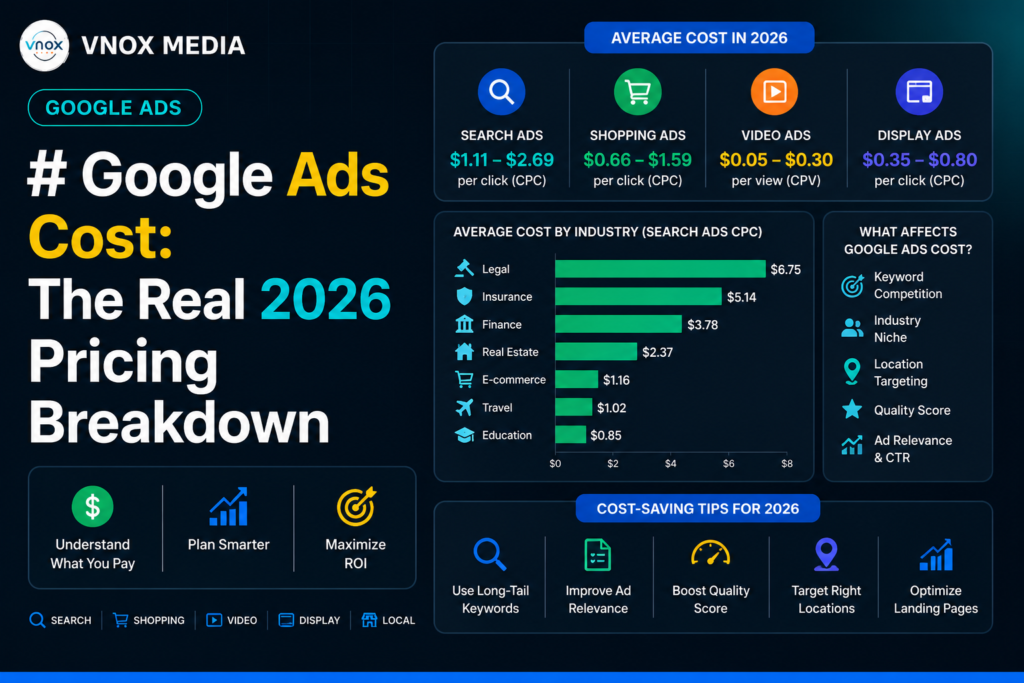 VNOX Media infographic explaining Google Ads costs in 2026, including average CPC and CPV for Search, Shopping, Video, and Display ads, industry cost comparisons, factors affecting pricing, and cost-saving tips.