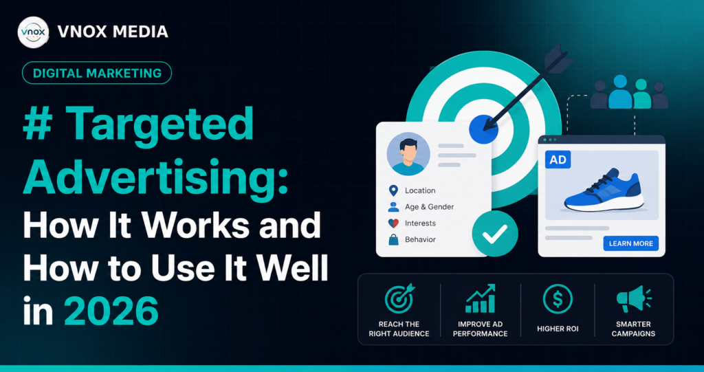 VNOX Media digital marketing graphic explaining targeted advertising, including audience targeting by location, age, gender, interests, and behavior, with a focus on improving ad performance and ROI in 2026.