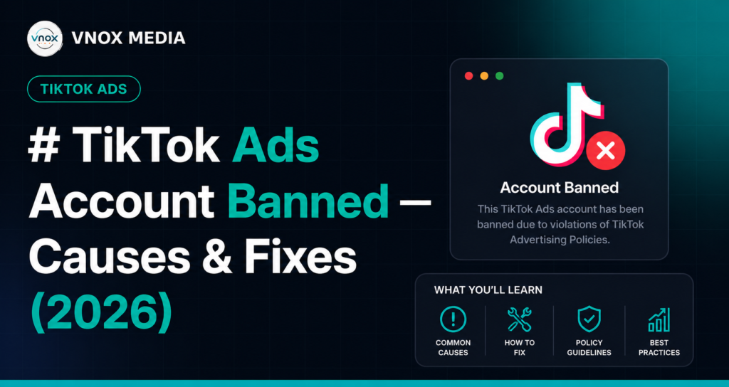 VNOX Media graphic explaining common causes of TikTok Ads account bans and how to fix and avoid them in 2026, including policy guidelines and best practices.