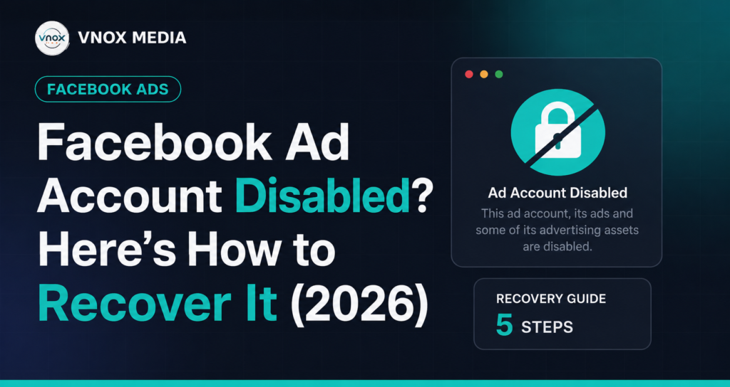 VNOX Media graphic explaining how to recover a disabled Facebook Ads account in 2026, with recovery steps and account suspension information.